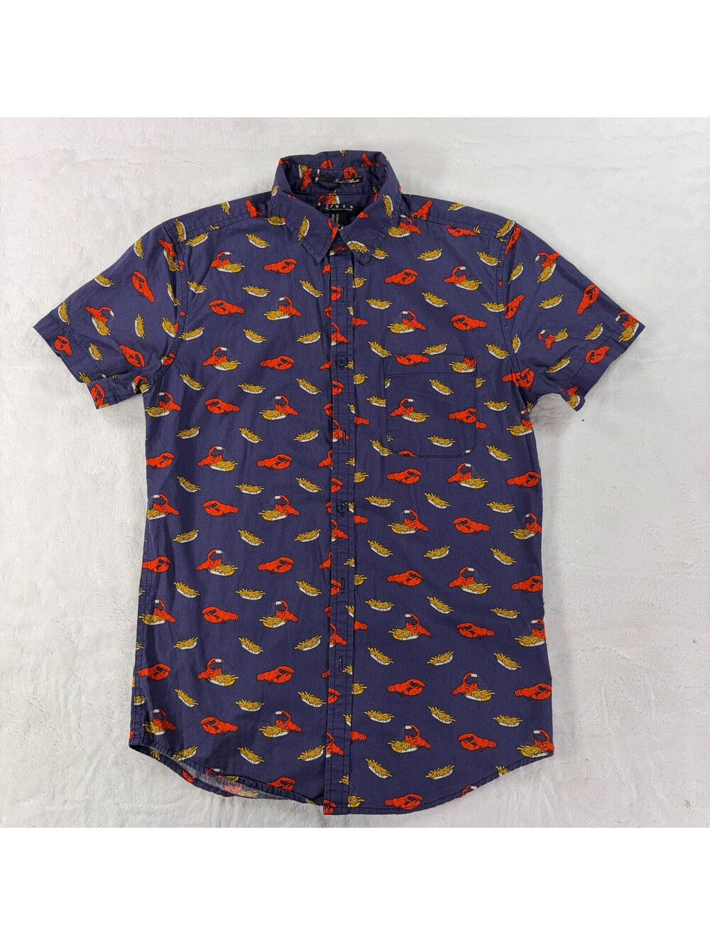 21Men Forever 21 Mens Lobster Fries Print Button Down Shirt Navy XS Short Sleeve